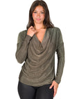 24seven Comfort Apparel Cowl Neck Long Sleeve Shimmery Fabric Top