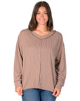 Relaxed Fit Ribbed Knit V Neck Sweater Top