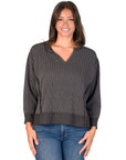 Relaxed Fit Ribbed Knit V Neck Sweatshirt Top