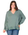Relaxed Fit Ribbed Knit V Neck Sweatshirt Top