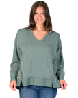 Relaxed Fit Ribbed Knit V Neck Sweatshirt Top