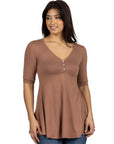 24seven Comfort Apparel Short Sleeve Tunic Top with Button Detail