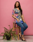 24seven Comfort Apparel Multicolor Floral Print Elbow Sleeve V Neck Henley Tunic Top