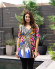 24seven Comfort Apparel Multicolor Floral Print Elbow Sleeve V Neck Henley Tunic Top