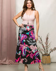 24seven Comfort Apparel Womens Black and Pink Paisley Elastic Waist A Line Maxi Skirt