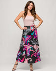 24seven Comfort Apparel Womens Black and Pink Paisley Elastic Waist A Line Maxi Skirt