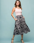 24seven Comfort Apparel Womens Black Geometric Print Elastic Waist Pocket Midi Skirt