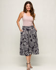 24seven Comfort Apparel Womens Black Geometric Print Elastic Waist Pocket Midi Skirt