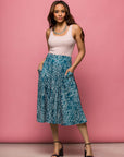 24seven Comfort Apparel Womens Teal Geometric Print Elastic Waist Pocket Midi Skirt