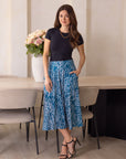 24seven Comfort Apparel Womens Teal Geometric Print Elastic Waist Pocket Midi Skirt
