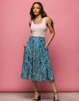 24seven Comfort Apparel Womens Teal Geometric Print Elastic Waist Pocket Midi Skirt