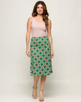 24seven Comfort Apparel Green Geometric Print Comfortable Elastic Waist Knee Length Skirt