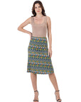 Green Geometric Elastic Waist Knee Length Skirt