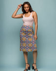 24seven Comfort Apparel Bright Floral Print Comfortable Elastic Waist Knee Length Skirt