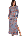 Grey Long Sleeve Side Slit Fitted Maxi Dress