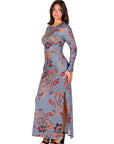 Grey Long Sleeve Side Slit Fitted Maxi Dress