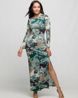 24seven Comfort Apparel Paisley Print Long Sleeve Side Slit Maxi Dress