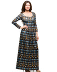 24seven Comfort Apparel Brown Geometric Print Long Sleeve Empire Waist Maxi Dress