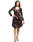 24seven Comfort Apparel Black Paisley Print Long Sleeve Fit and Flare Dress
