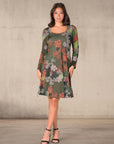 Green Paisley Print Long Sleeve Knee Length Dress