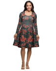 Long Sleeve Fit and Flare Dress in Green Orange Floral Print