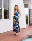 Womens Teal Floral Print Sleeveless Casual Maxi Dress With Pockets