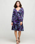 24seven Comfort Apparel Long Sleeve Wrap Dress with Belt Purple Black Print