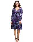 24seven Comfort Apparel Long Sleeve Wrap Dress with Belt Purple Black Print