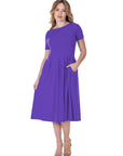 Midi Dress with Short Sleeves and Pocket Detail