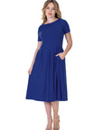 Midi Dress with Short Sleeves and Pocket Detail
