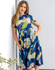 Womens Blue Floral Short Sleeve Pleated Flare Midi Pocket Dress