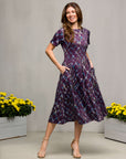 24seven Comfort Apparel Womens Purple Print Short Sleeve Pleated Flare Midi Pocket Dress