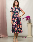 24seven Comfort Apparel Womens Navy Floral Short Sleeve Pleated Flare Midi Pocket Dress