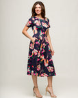 24seven Comfort Apparel Womens Navy Floral Short Sleeve Pleated Flare Midi Pocket Dress