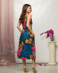 24seven Comfort Apparel Womens Midi Length Blue Floral Print Sleeveless Pleated Pocket Dress