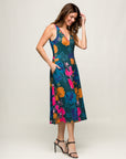 24seven Comfort Apparel Womens Midi Length Blue Floral Print Sleeveless Pleated Pocket Dress