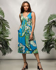 24seven Comfort Apparel Womens Midi Length Teal Paisley Print Sleeveless Pleated Pocket Dress