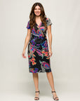 24seven Comfort Apparel Black Paisley Knee Length Short Sleeve Faux Wrap Dress