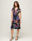 24seven Comfort Apparel Black Paisley Knee Length Short Sleeve Faux Wrap Dress