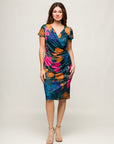 24seven Comfort Apparel Blue Floral Knee Length Short Sleeve Faux Wrap Dress