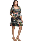 24seven Comfort Apparel Three Quarter Sleeve Fit and Flare Dress in Green Multi Paisley Print