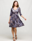 24seven Comfort Apparel Three Quarter Sleeve Fit and Flare Dress in Grey Print