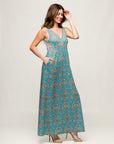 24seven Comfort Apparel Sky Blue Sleeveless V Neck Maxi Dress With Pockets