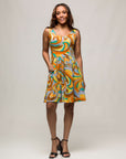24seven Comfort Apparel Yellow Paisley Sleeveless Pleated Knee Length Pocket Dress