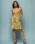 24seven Comfort Apparel Yellow Paisley Sleeveless Pleated Knee Length Pocket Dress
