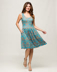 24seven Comfort Apparel Sky Blue Sleeveless Pleated Knee Length Pocket Dress