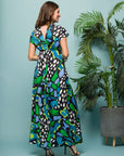 24seven Comfort Apparel Womens Blue Butterfly Print V Neck Empire Waist Cap Sleeve Maxi Dress