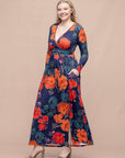 Navy Floral Print Long Sleeve Side Slit Maxi Dress