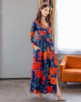 Navy Floral Print Long Sleeve Side Slit Maxi Dress