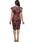 24seven Comfort Apparel Brown and Pink Floral Flutter Sleeve Wrap Dress
